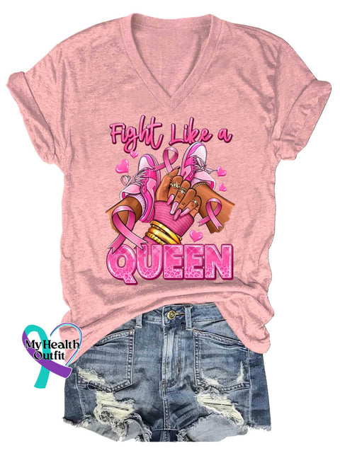 Women’s Fight Like A QUEEN Breast Cancer Awareness V neck Casual T Shirt LightPink / S