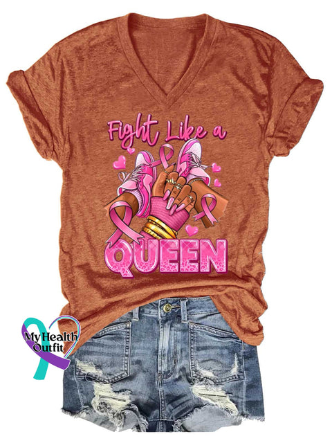 Women’s Fight Like A QUEEN Breast Cancer Awareness V neck Casual T Shirt Orange / S