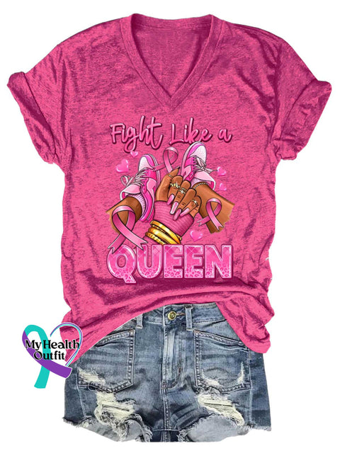 Women’s Fight Like A QUEEN Breast Cancer Awareness V neck Casual T Shirt Pink / S