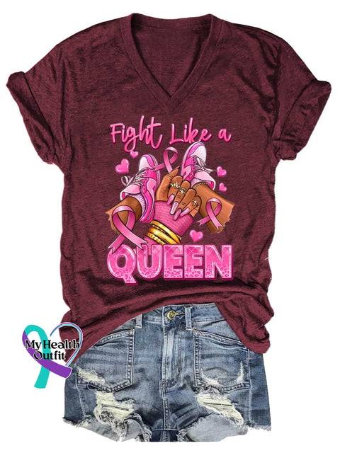 Women’s Fight Like A QUEEN Breast Cancer Awareness V neck Casual T Shirt Red / S