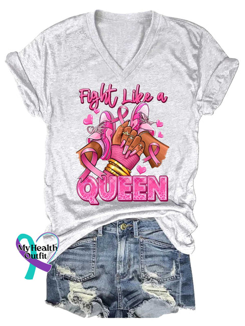 Women’s Fight Like A QUEEN Breast Cancer Awareness V neck Casual T Shirt White / S