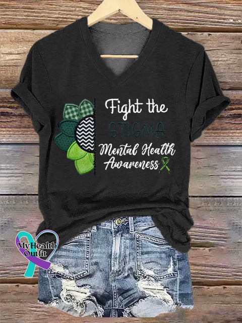 Women’s Fight The STIGMA Mental Health Awareness V-neck Casual T-Shirt Black / S