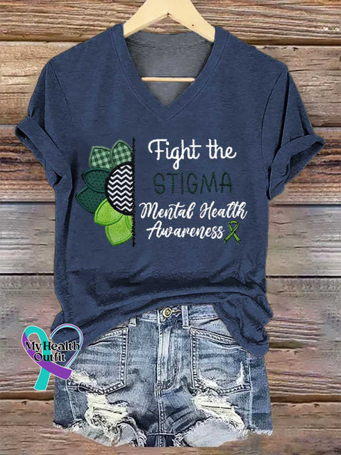 Women’s Fight The STIGMA Mental Health Awareness V-neck Casual T-Shirt Blue / S