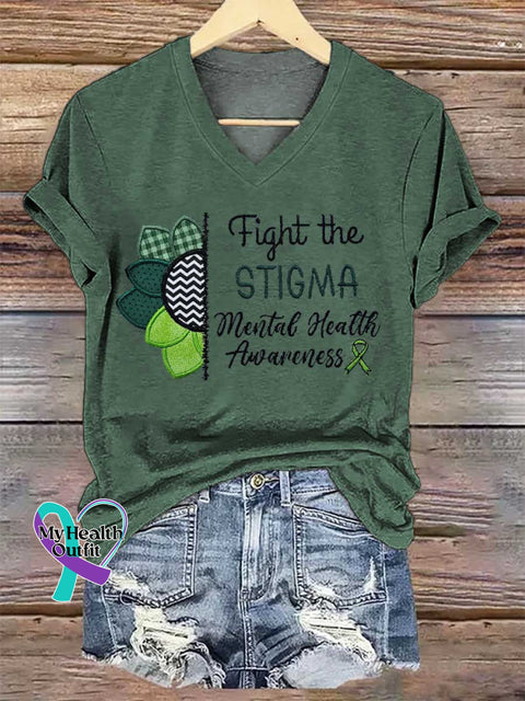 Women’s Fight The STIGMA Mental Health Awareness V-neck Casual T-Shirt Green / S