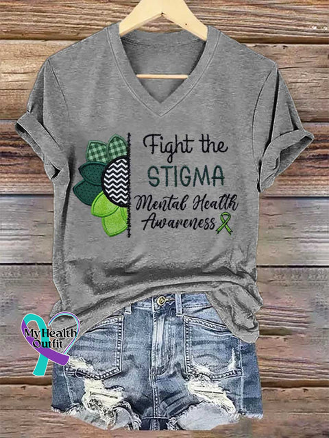 Women’s Fight The STIGMA Mental Health Awareness V-neck Casual T-Shirt Grey / S