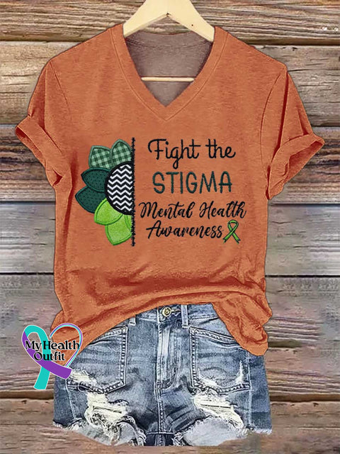 Women’s Fight The STIGMA Mental Health Awareness V-neck Casual T-Shirt Orange / S