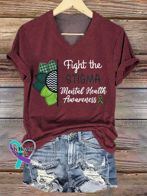 Women’s Fight The STIGMA Mental Health Awareness V-neck Casual T-Shirt Red / S