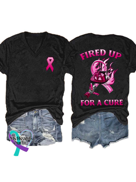 Women’s FIRED UP FOR A CURE Breast Cancer Awareness V neck Casual T Shirt Black / S