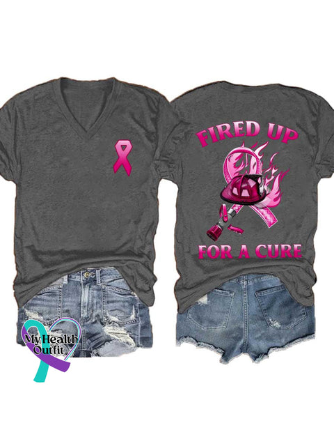 Women’s FIRED UP FOR A CURE Breast Cancer Awareness V neck Casual T Shirt Grey / S