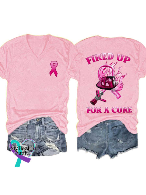 Women’s FIRED UP FOR A CURE Breast Cancer Awareness V neck Casual T Shirt LightPink / S