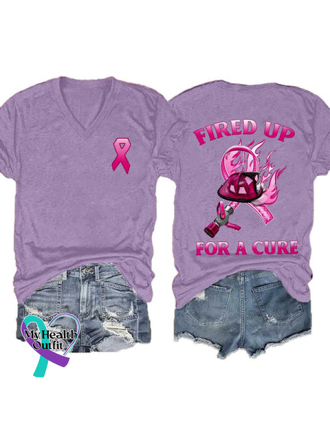 Women’s FIRED UP FOR A CURE Breast Cancer Awareness V neck Casual T Shirt LightPurple / S