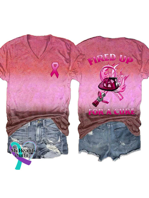 Women’s FIRED UP FOR A CURE Breast Cancer Awareness V neck Casual T Shirt LightRed / S
