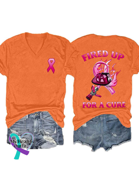 Women’s FIRED UP FOR A CURE Breast Cancer Awareness V neck Casual T Shirt Orange / S