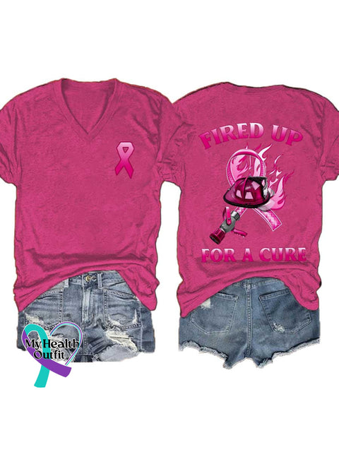 Women’s FIRED UP FOR A CURE Breast Cancer Awareness V neck Casual T Shirt Pink / S