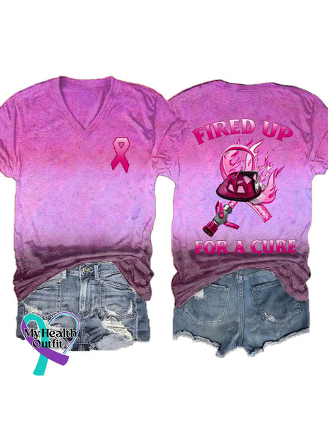 Women’s FIRED UP FOR A CURE Breast Cancer Awareness V neck Casual T Shirt Purple / S