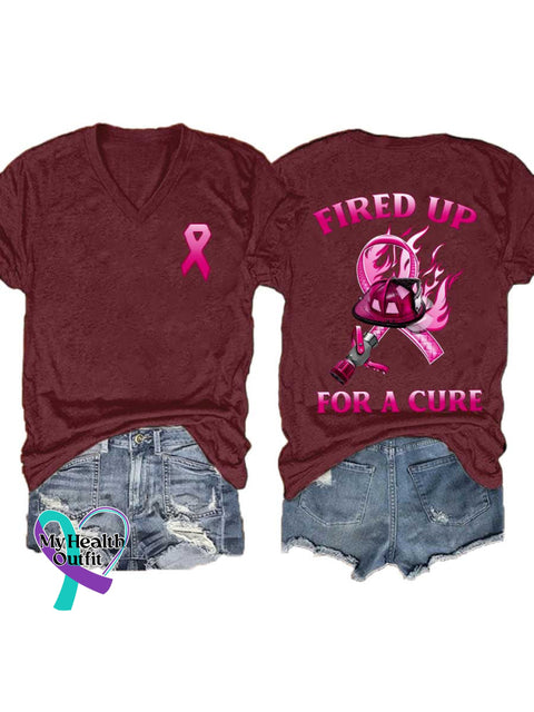 Women’s FIRED UP FOR A CURE Breast Cancer Awareness V neck Casual T Shirt Red / S