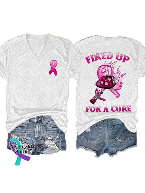 Women’s FIRED UP FOR A CURE Breast Cancer Awareness V neck Casual T Shirt White / S