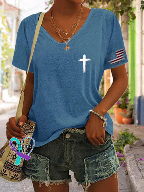 Women’s Flag Cross Print T-Shirt Blue / S