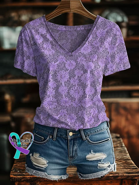 Women’s Floral Alzheimer’s Awareness V-neck Casual T-Shirt LightPurple / S