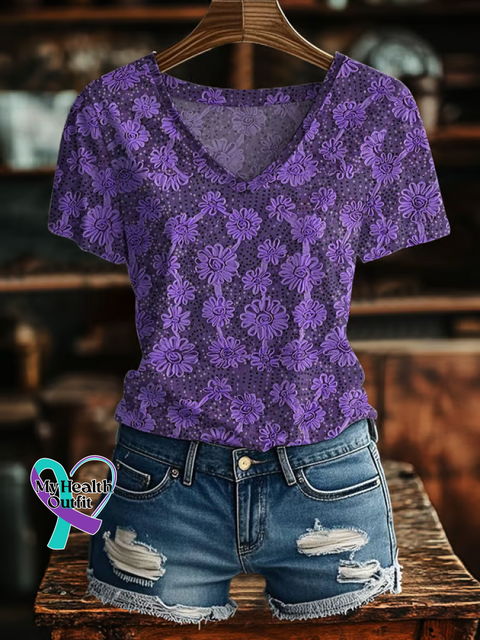 Women’s Floral Alzheimer’s Awareness V-neck Casual T-Shirt Purple / S