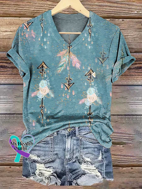 Women’s Floral Arrow V-neck Casual T-Shirt Multicolor / S