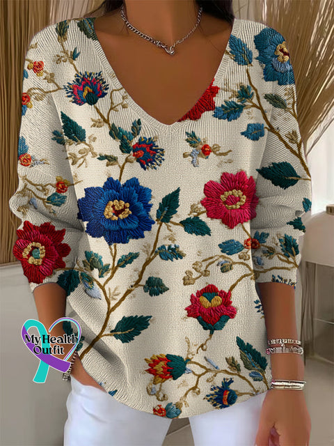 Women’s Floral Art Casual Pullover Sweater Multicolor / S