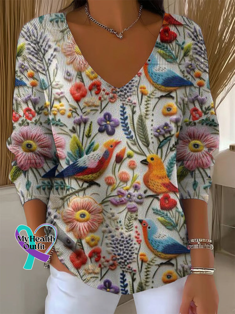Women’s Floral Art Casual Pullover Sweater Multicolor / S
