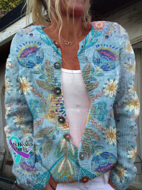 Women’s Floral Art Print Button Cardigan Sweater Multicolor / S