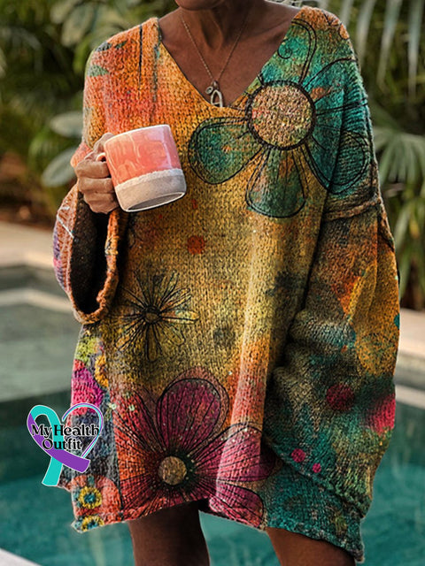 Women’s Floral Art Print Casual Pullover Sweater Multicolor / M