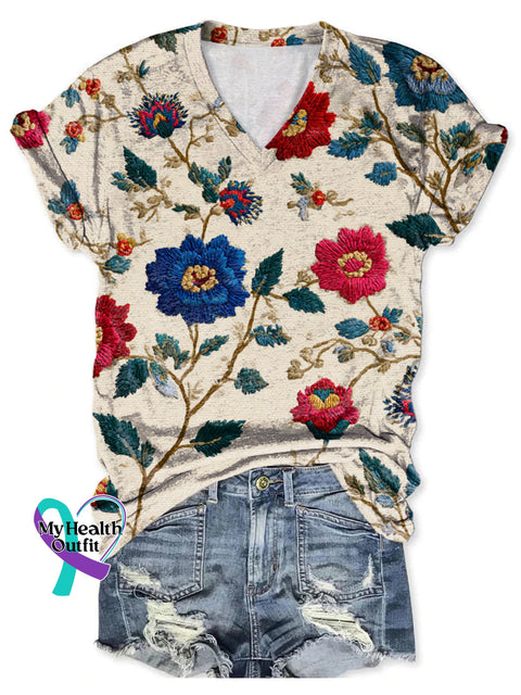 Women’s Floral Art V-neck Casual T-Shirt Multicolor / S