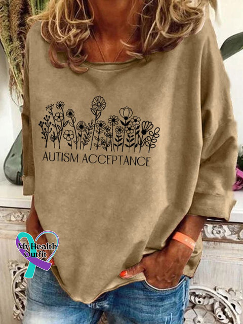 Women’s Floral Autism Acceptance Print T-Shirt Khaki / S