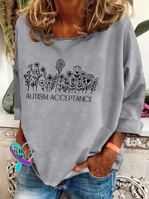Women’s Floral Autism Acceptance Print T-Shirt Light Grey / S
