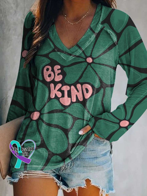 Women’s Floral Be Kind Print Casual V Neck Long Sleeve Tops Multicolor / S