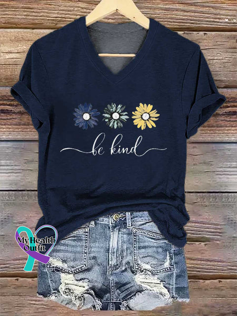 Women’s Floral Be Kind V-neck Casual T-Shirt Blue / S