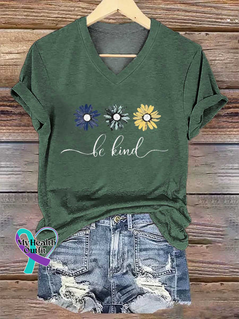 Women’s Floral Be Kind V-neck Casual T-Shirt Green / S