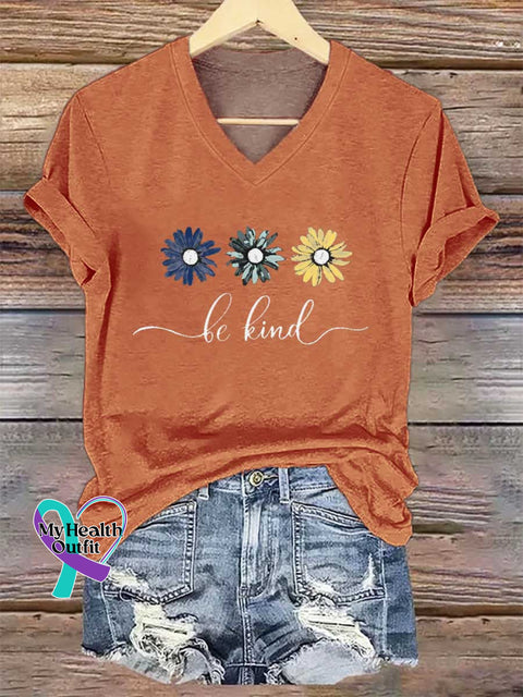 Women’s Floral Be Kind V-neck Casual T-Shirt Orange / S