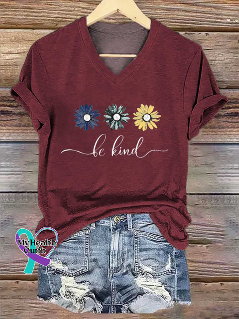 Women’s Floral Be Kind V-neck Casual T-Shirt Red / S