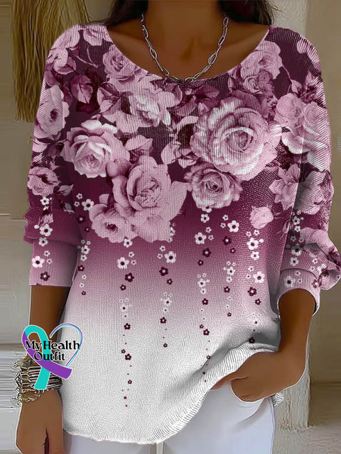 Women’s Floral Breast Cancer Awareness Pattern Art Print Casual Pullover Sweater Multicolor / S