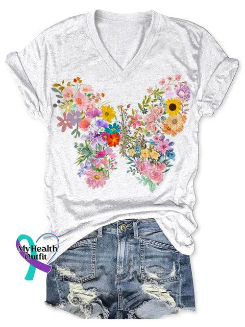 Women’s Floral Butterfly Art Print V-neck Casual T-Shirt White / S