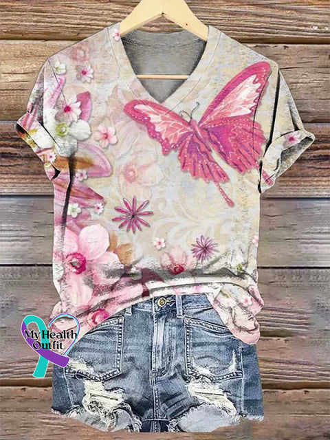 Women’s Floral Butterfly Breast Cancer Awareness V-neck Casual T-Shirt Multicolor / S