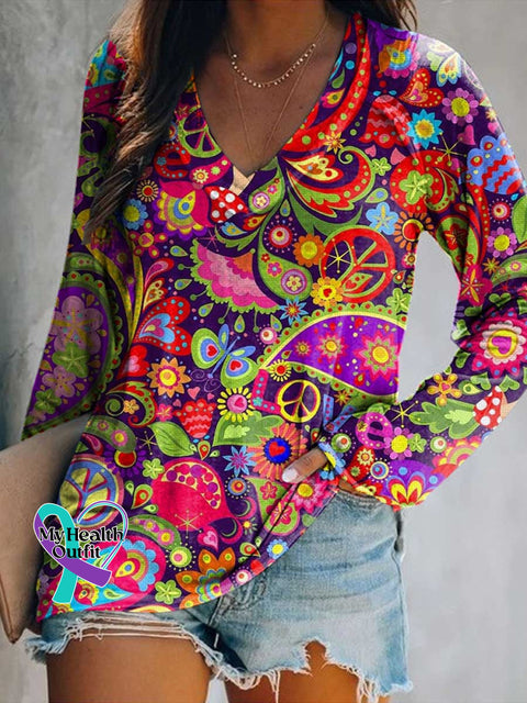 Women’s Floral Butterfly Peace Sign Love and Peace Print V Neck Long Sleeve Tops Color / S