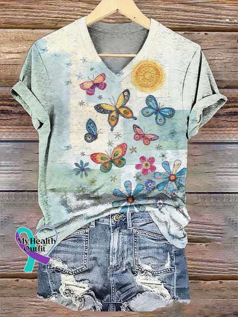Women’s Floral Butterfly V-neck Casual T-Shirt Multicolor / S