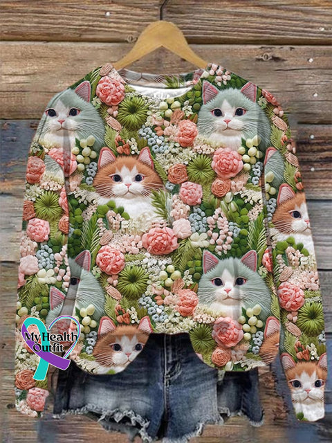 Women’s Floral Cats Print Sweater Picture 1 / S