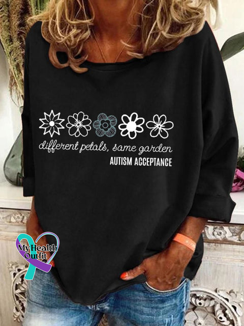 Women’s Floral Different Petals Same Gardon Autism Acceptance Print T-Shirt Black / S