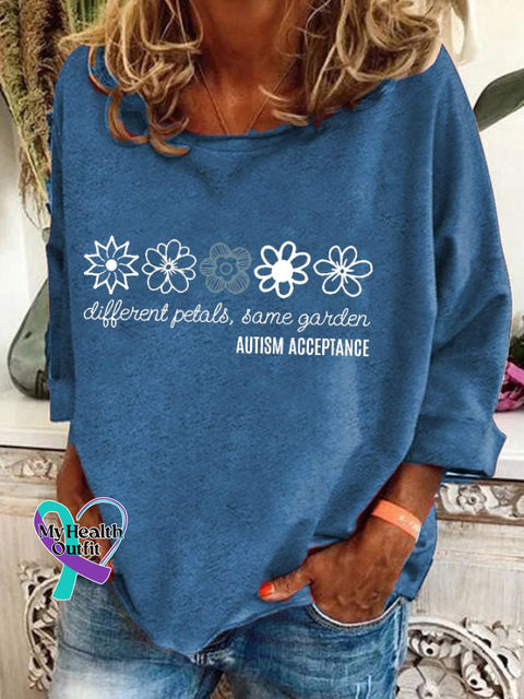 Women’s Floral Different Petals Same Gardon Autism Acceptance Print T-Shirt Blue / S