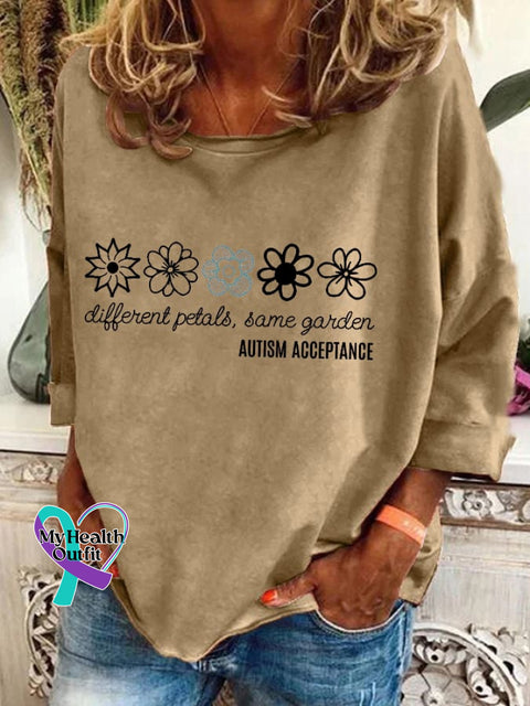 Women’s Floral Different Petals Same Gardon Autism Acceptance Print T-Shirt Khaki / S