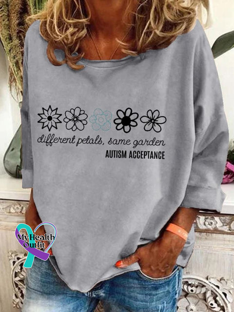 Women’s Floral Different Petals Same Gardon Autism Acceptance Print T-Shirt Light Grey / S