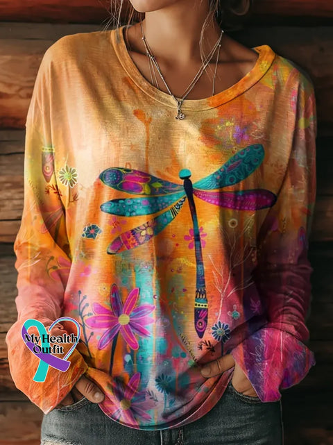 Women’s Floral Dragonfly Love And Peace Print Casual T Shirt Multicolor / S