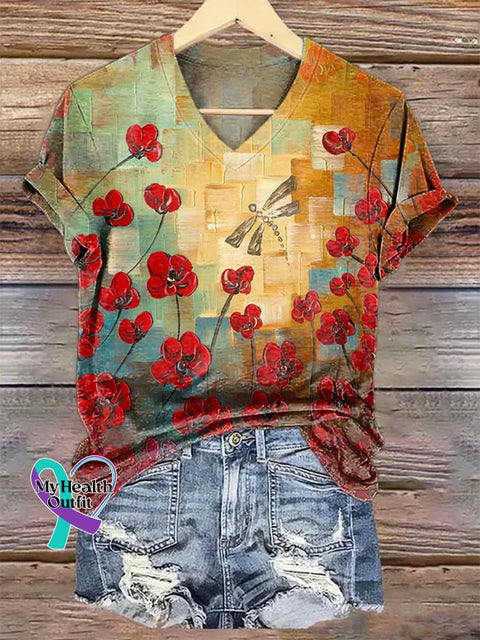 Women’s Floral Dragonfly V-neck Casual T-Shirt Multicolor / S
