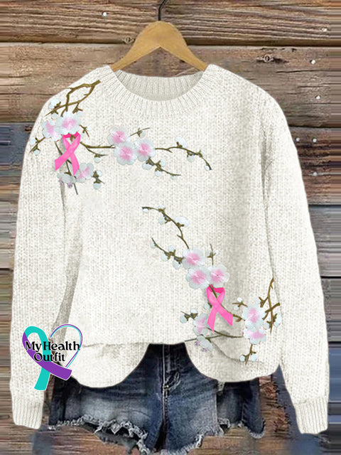 Women’s Floral Embroidery With Pink Ribbon Art Cozy Sweater